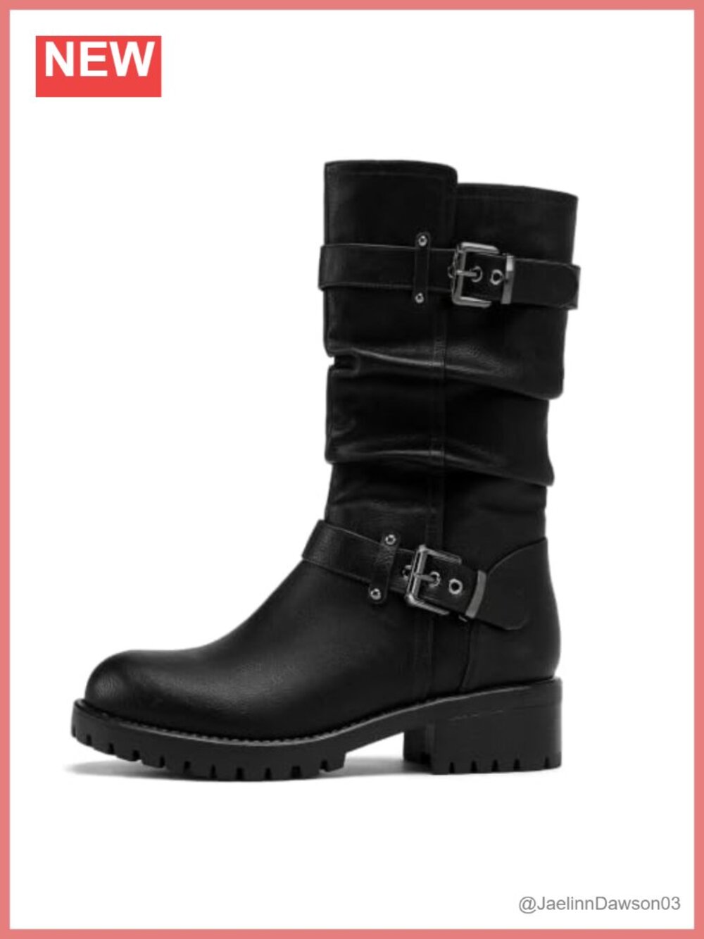 Women's Mid Calf Biker Boots Wide Toe Box Block Heel Side Zipper